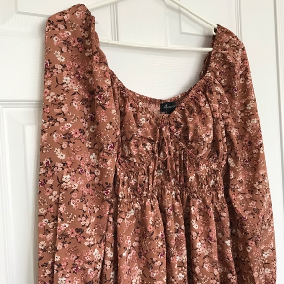 Streetwear Society Sweetheart Neckline Tie Floral Dress S Brown Pink Long Sleeve - Picture 7 of 15